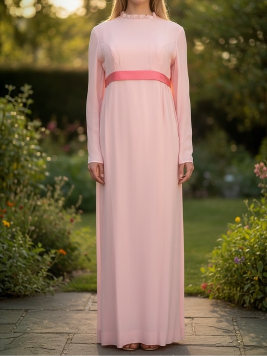 Vintage Dresses & Skirts - Vintage 1960s Pink Silk Chiffon Empire Waist Maxi Dress Shantung Lining SZ S